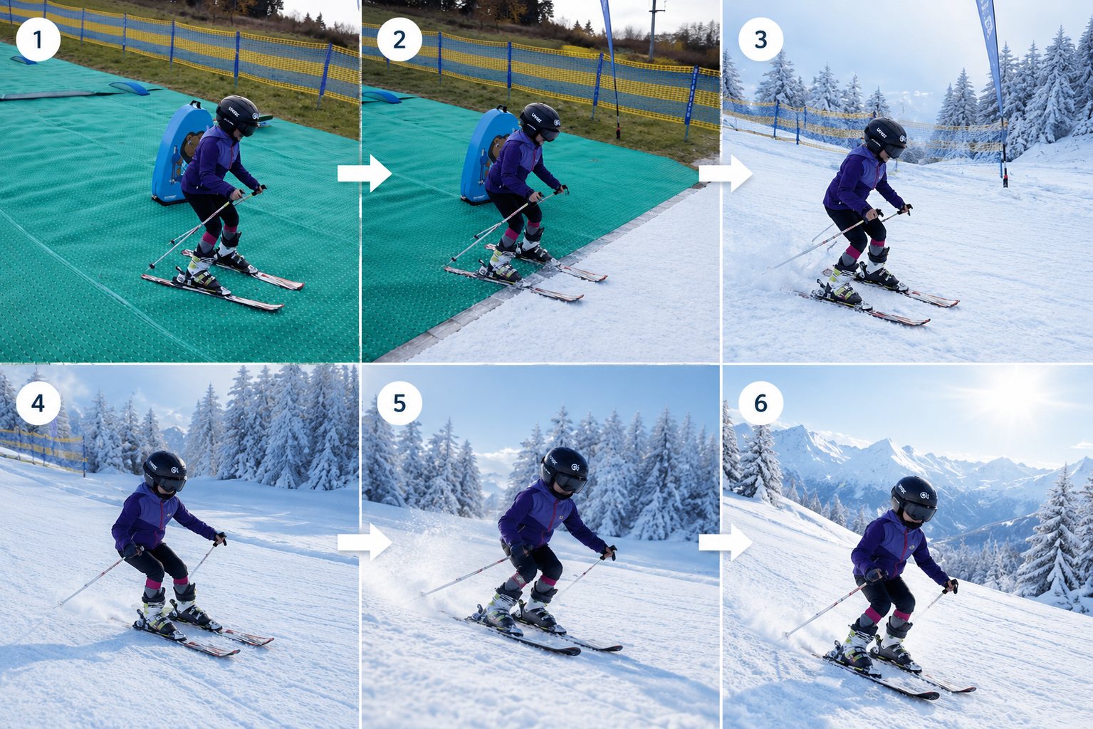 Vom Skifahren auf der Matte bis zum Skifahren im Schnee